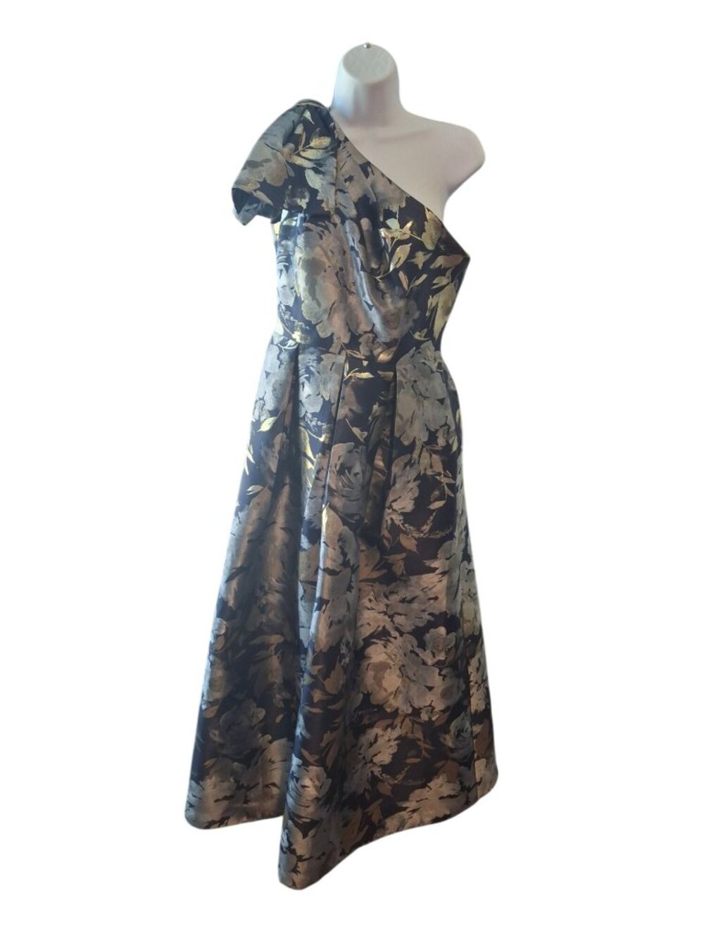 Eliza J Dress 8 Navy Gold Metallic Floral One Shoulder Gown Formal Romantic